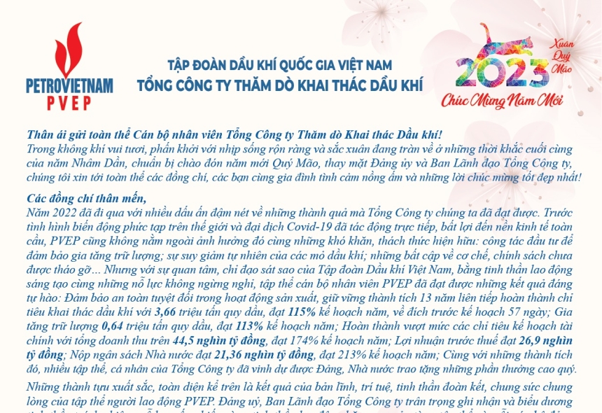 Thư chúc mừng Năm mới Quý Mão 2023 của Ban Lãnh đạo PVEP